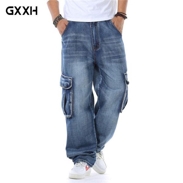 

new japan style brand mens straight denim cargo pants biker jeans men baggy loose blue jeans with side pockets plus size 40 46