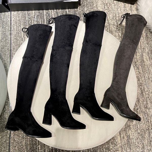 

2021 women on knee boots black gary thick heels high winter party shoes big mize