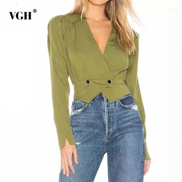 

vgh elegant short women's shirts long sleeve v neck slim large size casual female blouses 2019 autumn fashion new clothing1, White