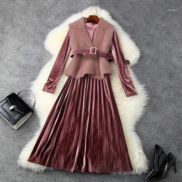 

european and american women's wear 2020 winter new style plush waistcoat belt long - sleeved pleated velvet dress two-piece1, Black;gray