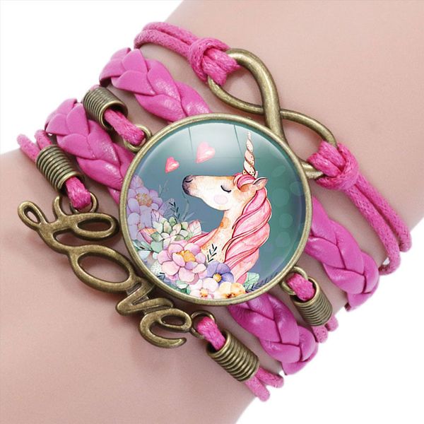 

unicorn horse bracelets handmade multi layers leather glass cabochon charm pendant wrist bracelet & bangle jewelry, Golden;silver