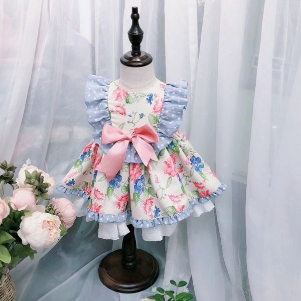 

2pcs boutique summer girl flower pompom princess dress with pants lolita vintage spanish dress for girls birthday party dress t200624, Red;yellow