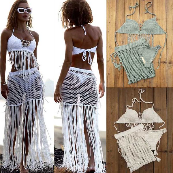 

women's swimwear 3 piece set gypsy boho hand crochet bikini women tassel skirt, with long fringe beach skirt net, White;black