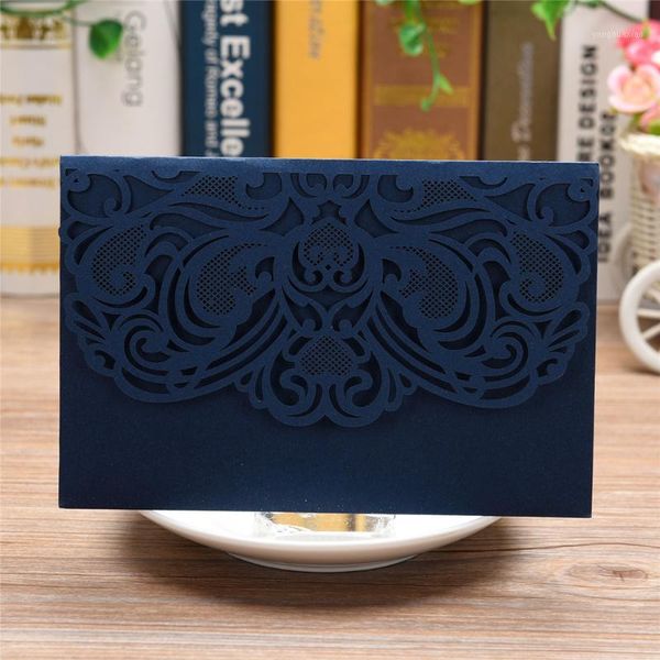 

greeting cards 10pcs gold blue openwork glitter paper laser cut wedding invitation card with ribbon personalized decor party supplies1