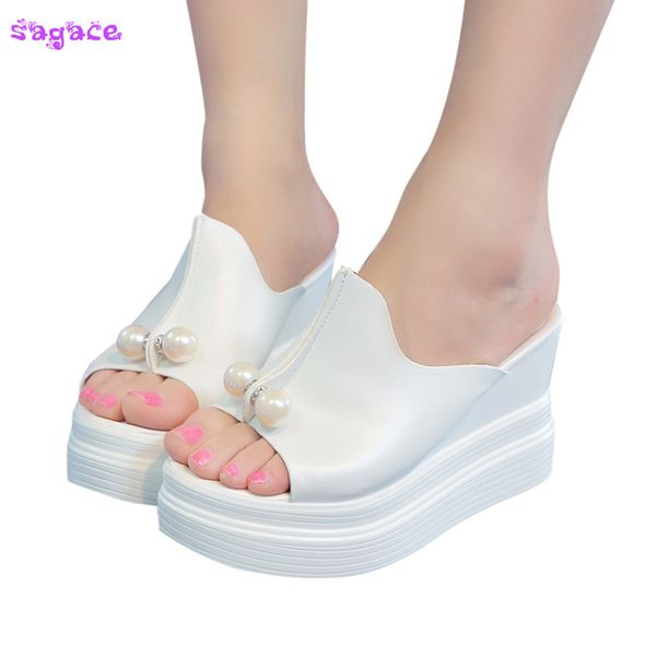 

sagace new fashion sandals women summer thick-bottom solid pearl waterproof wedge sandals shoes x1020, Black