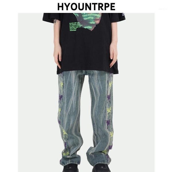 

men tie-dye straight denim jean pants high street side spliced embroidery trousers new casual loose streetwear hip hop joggers1, Black