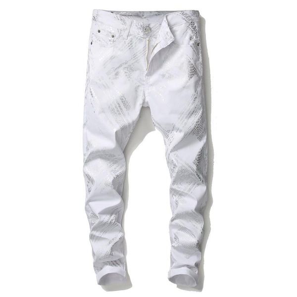 

men's jeans pants slim fashionable night club small leg white elastic printed, Blue