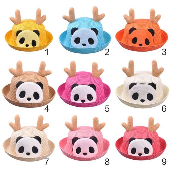 

child kid summer cute panda patch cartoon straw sun hat cuffed 3d antler decor candy color uv protection floppy beach cap 2xpd, Blue;gray