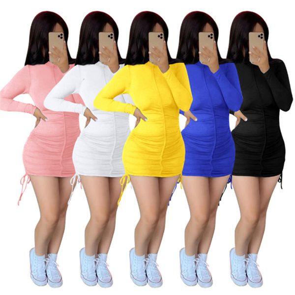 Großhandel Artikel Damen Kleider Sexy Mini Bodycon Kleidung Einteiliges Set Hohe Qualität Elegante Luxus Mode Kordelzug Langarm Solide K6588