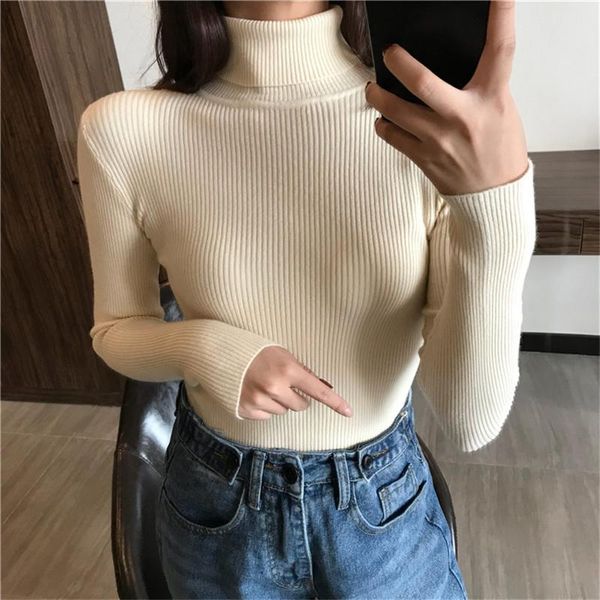

women's sweaters solid color female high collar long sleeves loose casual wear lady fall winter slim pullover femme sweater, White;black