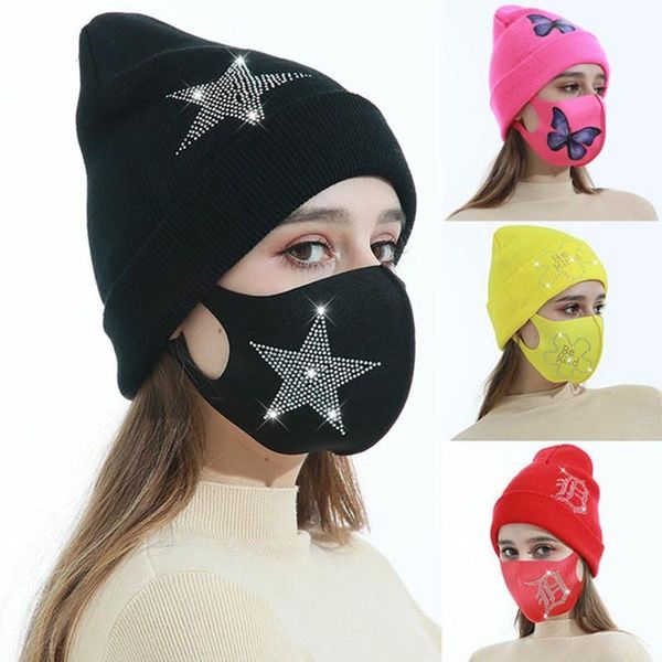 

beanies winter hats for woman beanie mask set butterfly rhinestone fashion knit hat casual girls warm hat wholesale, Blue;gray