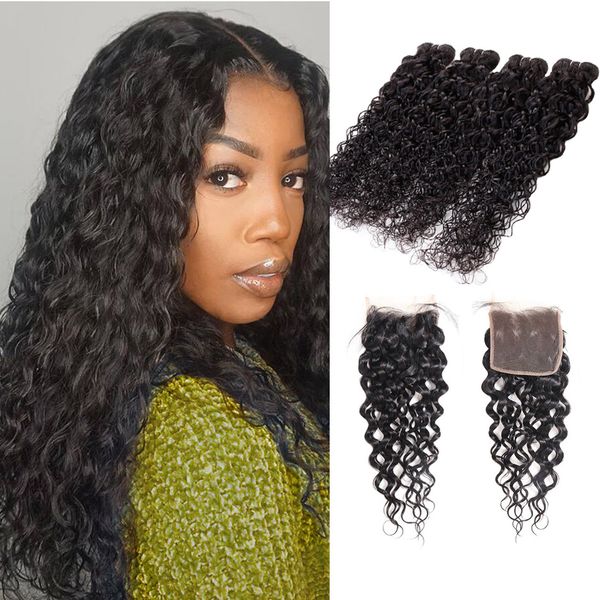 

brazilian virgin hair 3 bundles with closures part weater wave wat and wavy peruvian human hair bundles with 4x4 lace closure, Black;brown