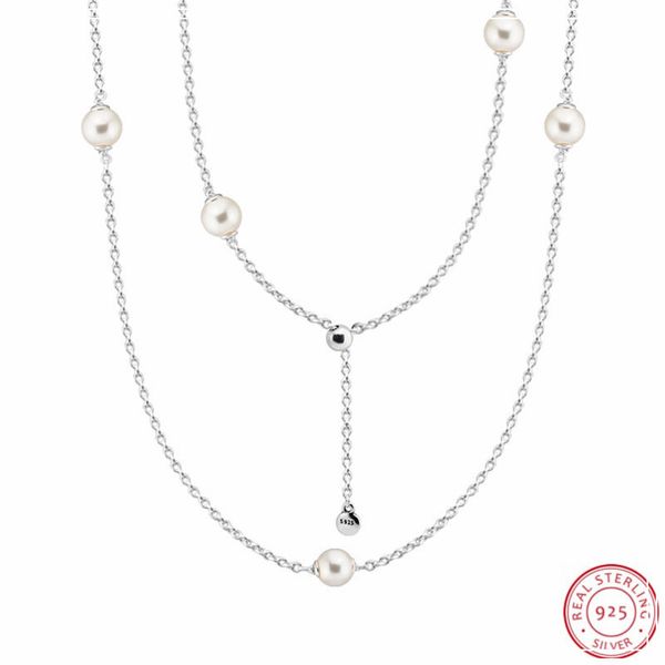 Светящиеся изящные капли 80 см регулируемые длинные ожерелья подвески для женщин серебро 925 ювелирные изделия белый хрусталь жемчуг FLN037 Q0531