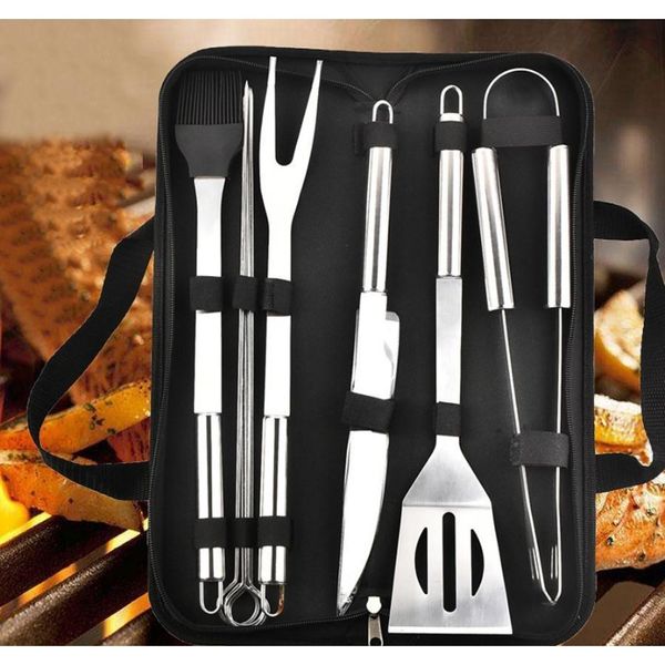 

9шт / набор из нержавеющей стали bbq инструменты открытый барбекю grill посуда с оксфордными сумками из нержавеющей стали grill coll щетка k