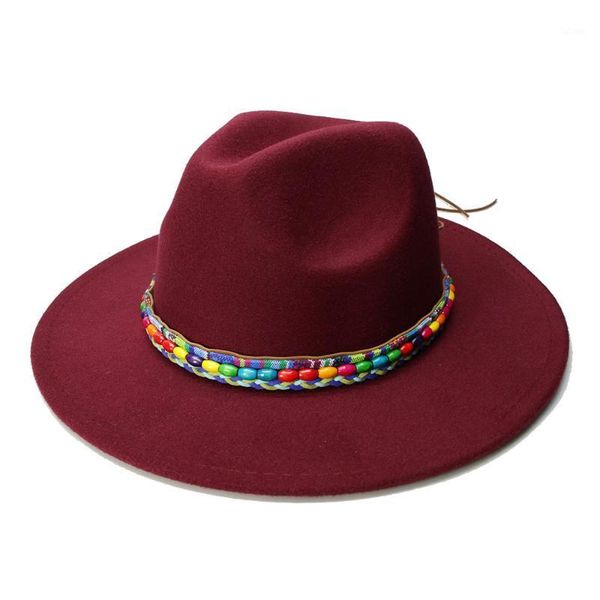 

luckylianji retro women men vintage 100% wool wide brim cap fedora panama jazz bowler hat bead braid band (57cm/adjusted)1, Blue;gray