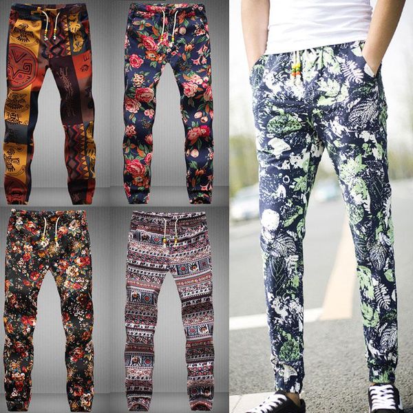 

men's pants 202120 men flower print cotton linen harem trousers vintage fashion long pant joggers sweatpants plus size, Black