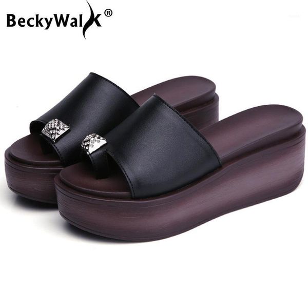 

slippers summer wedge sandals women for outdoor genuine leather high heels shoes woman platform wsh35701, Black
