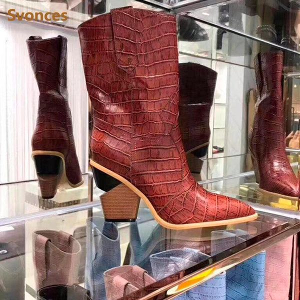 

genuine leather women boots strange heel leading shoes woman runway western boots cowboy boot for women chunky wedge ankle, Black