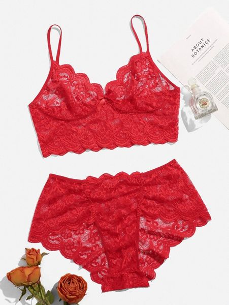 

plus floral lace scallop trim lingerie set b2zl#, Black;white