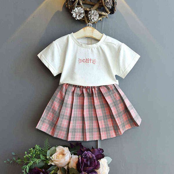 GOOPORSON Летние маленькие девочки набор одежды письма кошка вышивка с коротким рукавом рубашка рубашка юбка 2 штуки мода детские наряды G220310