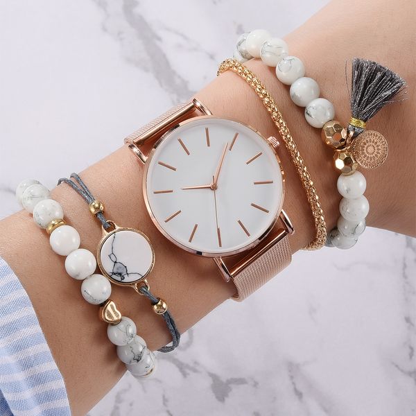 

luxury women watch 5 set bracelet japan quartz movement simple waterproof rose gold stainless steel mesh ladies watch relogio feminino fashi, Slivery;brown