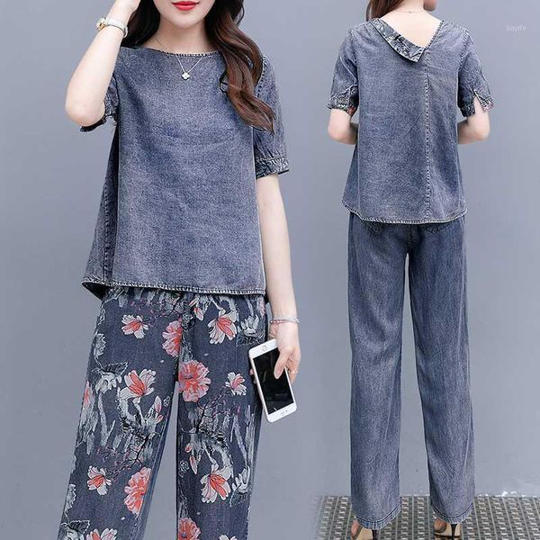 

female summer fashion plus size denim +flower printed wide-legged jeans suits women's retro large size two-piece sets1, White