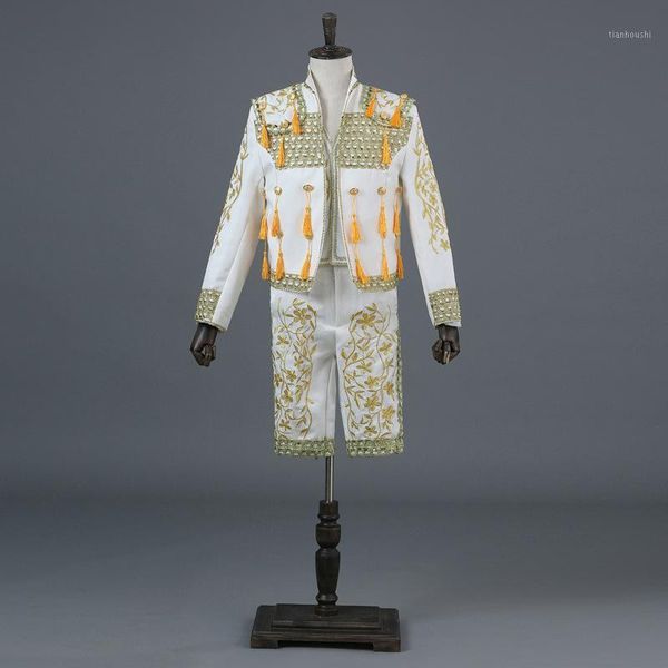 

gold embroidery tassel sequin white 3 piece stage suit(jacket+pants+vest) men bullfight dance singer suit blazer matador costume1, White;black