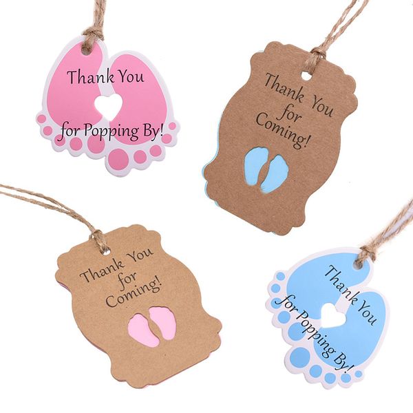 

50pcs/set shower decor tag labels baby feet kraft tags gift paper cards with string birthday party decoration