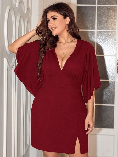 

plus batwing sleeve split hem dress 56kr#, Black