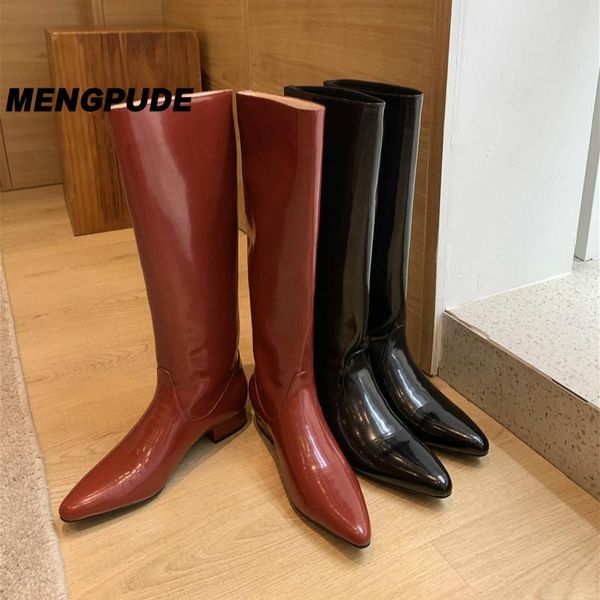 

mpd women long boots shoes real leather mid heel knee high boots pointed toe thick heels slip on lady zapatos de mujer, Black