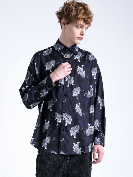 

men tiger print drop shoulder button up shirt 505j#, White;black
