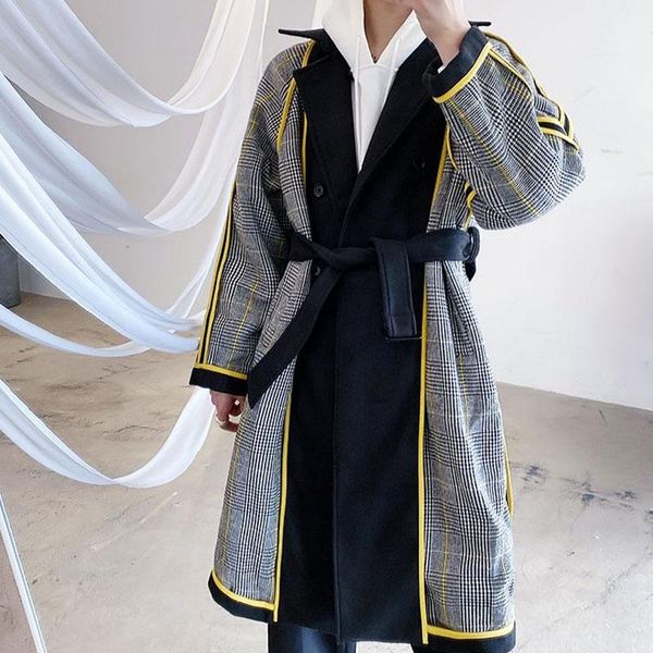 

male women streetwear vintage overcoat jacket men outside inside can wear loose casual woolen plaid long trench coat outerwear, Tan;black