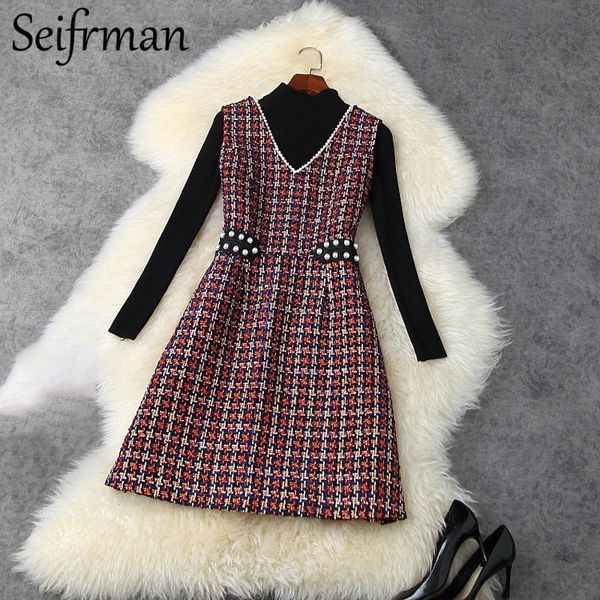 

seifrmann women autumn fashion runway 2 pieces set long sleeve knitting + sleeveless beading a-line dress two pieces suits, Gray
