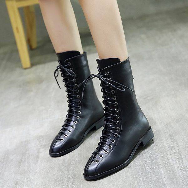 

boots women's 2021 british wind autumn winter tide ladies mid-barrel cross-tie locomotive woman, Black