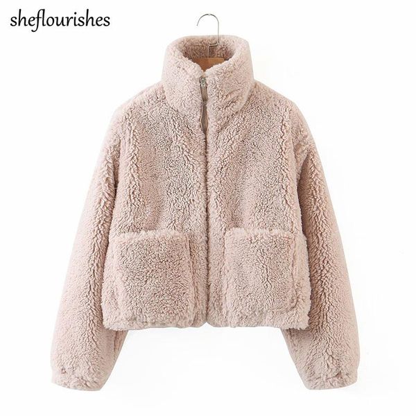 

women's fur & faux winter coat women kawaii teddy jacket vintage ladies loose stand collar crop zipper outerwear 2021, Black