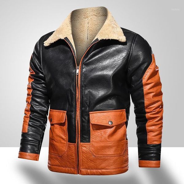 

men winter lapel leather jacket fashion patchwork bomber motorcycle coat men leather windbreaker jacket outdoor casual fur coats1, Black;brown