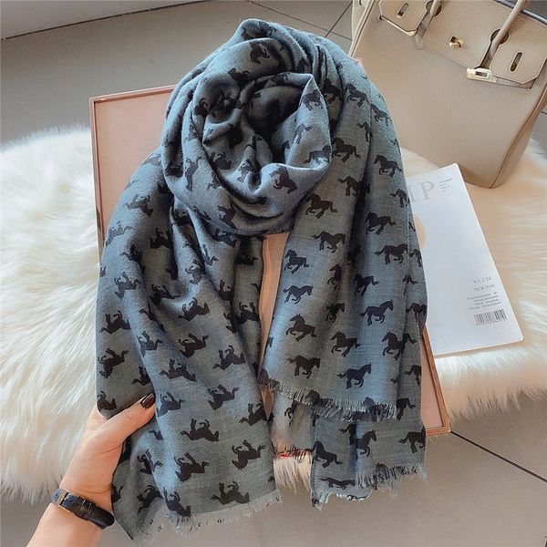 

spring autumn new printed pony cotton hemp for women's winter versatile shawl with warm and long silk scarf, Blue;gray