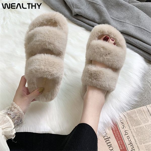 

wealthy 2020 new women slippers furry fluffy flat shoes winter home slippers fashion comfortable slip on lazy thick fur slides x1020, Black