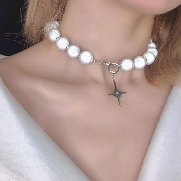 

korea ins crystal cross reflective color pearl necklace for women female hip hop choker necklace jewelry neck chains, Silver