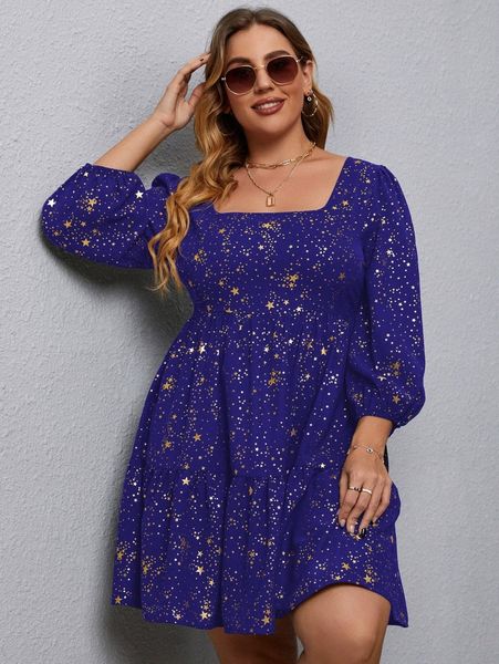 

plus star print bishop sleeve ruffle hem dress 49lm#, Black