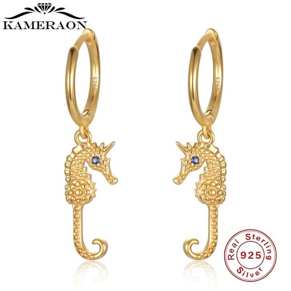 

hoop & huggie s925 sterling silver earrings mini hippocampus for women cute horse animal circle fine jewelri, Golden;silver