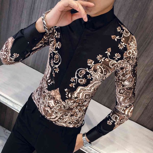

mens club prom men's casual slim long sleeve camisa paisley pattern print fashion designer brand men fancy shirt 0vrl, White;black