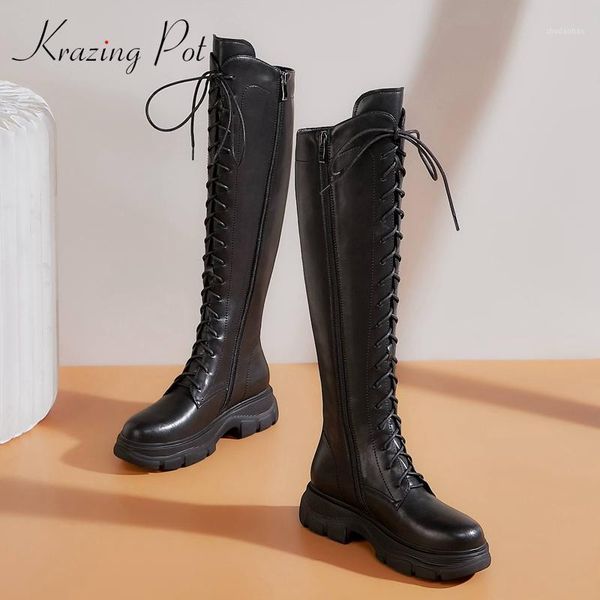 

boots krazing pot large size motorcycle split leather platform round toe thick high heel zip punk neutral knee-high l8f81, Black