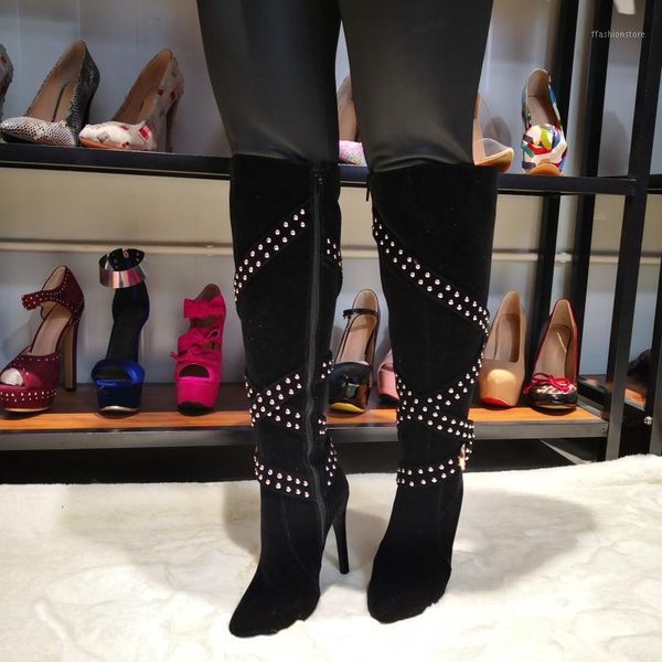 

boots original intention women quality knee-high pointed toe thin high heels rivet black shoes large size 4-15 1