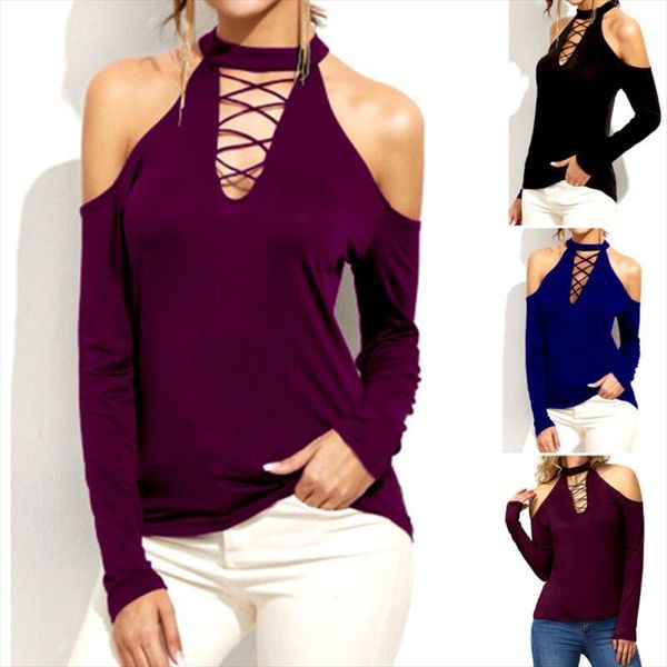 

2020 fashion autumn womens t shirts casual choker neck solid color t shirts loose cold shoulder long sleeve, White