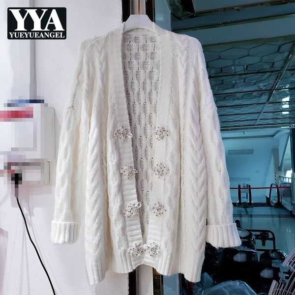 

women's knits & tees women fashion beading diamonds v-neck sweaters autumn winter single breasted knitted jacket office lady white card