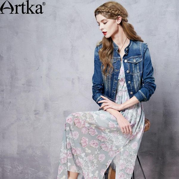 All'ingrosso- Artka donna 2016 autunno vintage ricamo vita aderente cappotto in denim colletto alla coreana cappotto monopetto slim fit WN10162C1