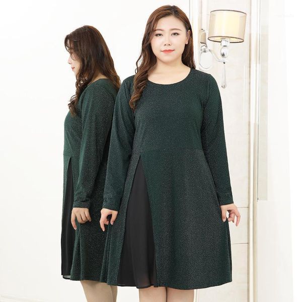 

4xl to 10xl plus size women dress spring autumn long sleeve high waist hem chiffon patchwork casual dresses vestido de mujer1, Black;gray