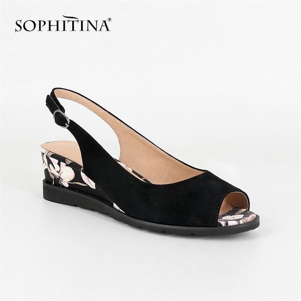 

sophitina new fashion wedges sandals russia big size genuine leather buckle strap casual shoes women flower print sandals sc22 y200405, Black