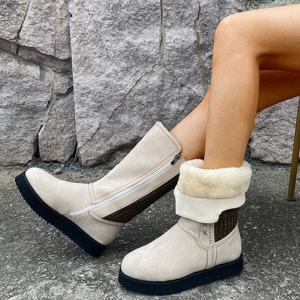 

winter women's snow boots martin boots warm zipper flat bottom women's round toe calf thick heel solid color long, Black